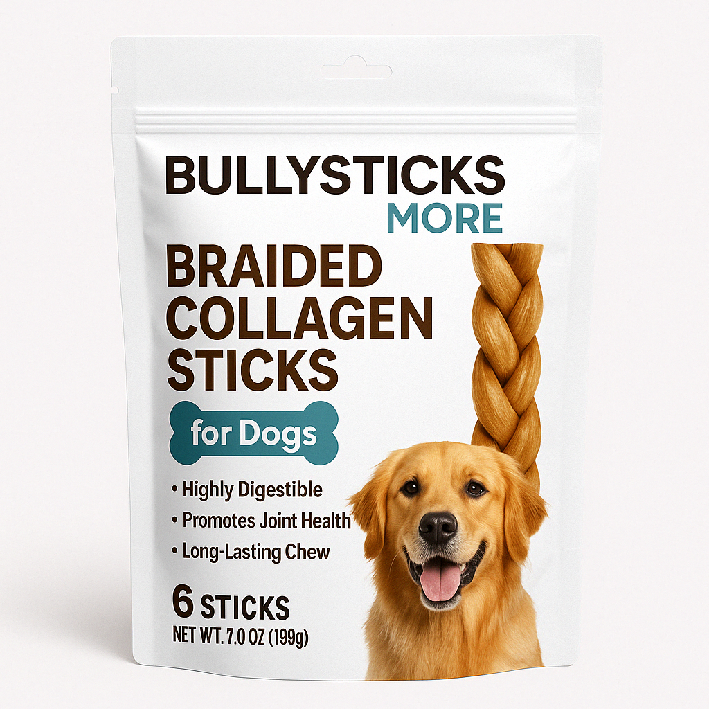 Braided 6-inch collagen dog chews in a pack of 8, designed for natural chewing support  