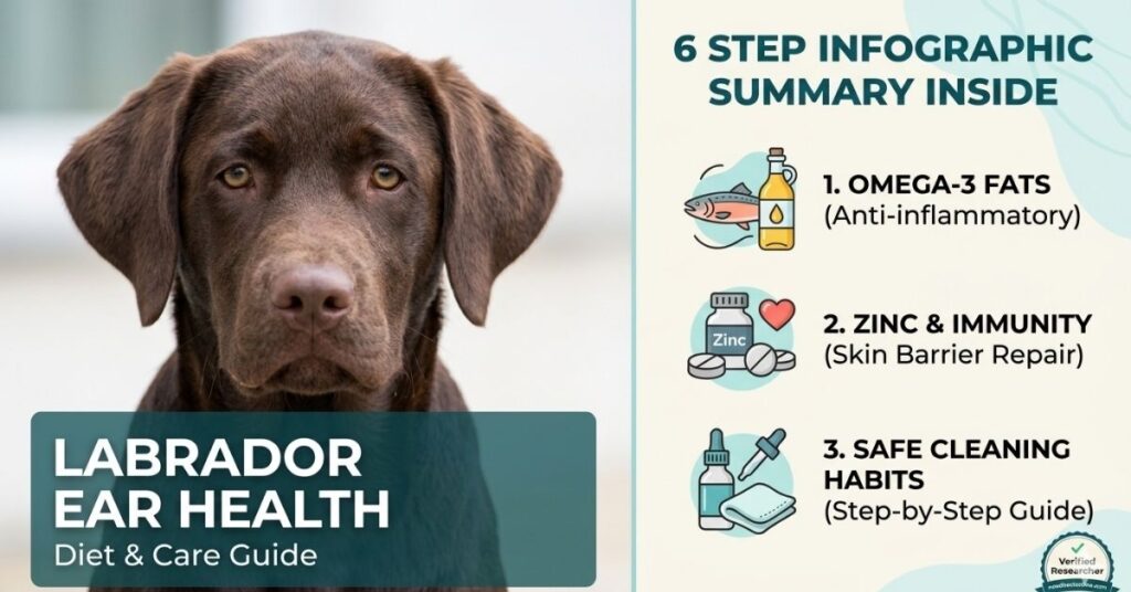 Featured image for Labrador ear health guide showing a chocolate Labrador and a 6-step summary of diet and care tips.
