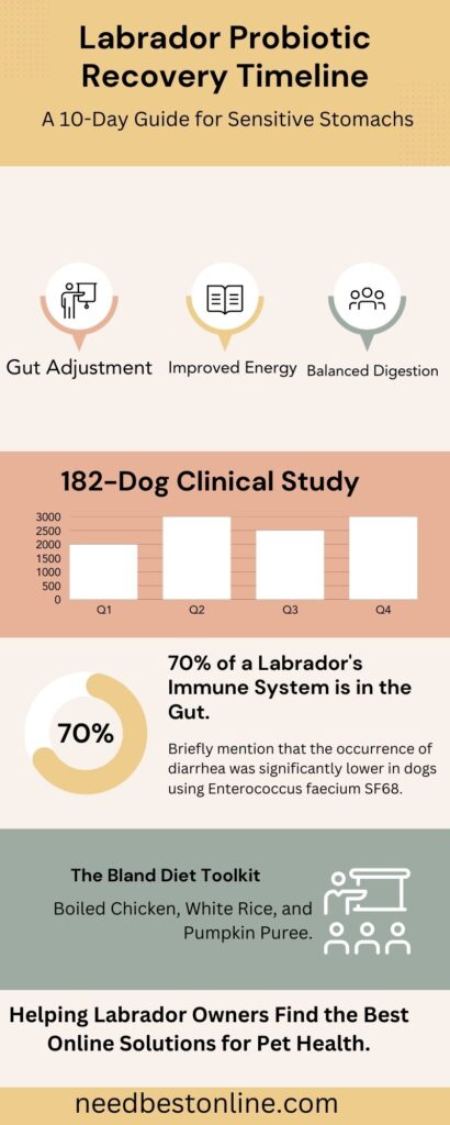 Infographic showing the 10-day probiotic recovery timeline and bland diet guide for Labradors.